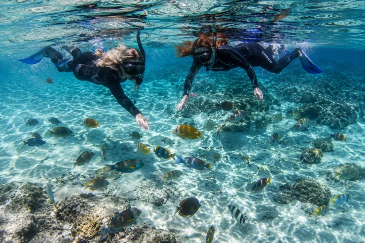 Pareja practicando snorkeling junto a una embarcación